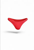SlaySwimwear Caliente red push-up bikini set with rhinestone embellishments and adjustable ties.