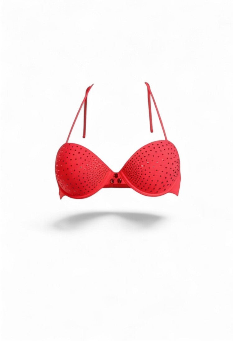 SlaySwimwear red push-up bikini set with rhinestone embellishments and adjustable ties.