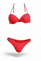 SlaySwimwear red bikini set with black sparkling embellishments. Features adjustable straps and flattering cut.