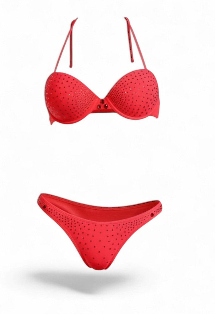 SlaySwimwear red bikini set with black sparkling embellishments. Features adjustable straps and flattering cut.