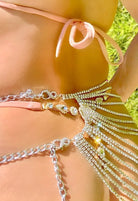 SlaySwimwear rhinestone body chain and skirt with silver metal accents and durable clasps. Versatile piece doubles as a chest piece.