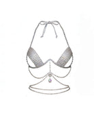 SlaySwimwear silver rhinestone crystal bikini top with halter neck and matching bottoms, perfect for festivals and photoshoots.