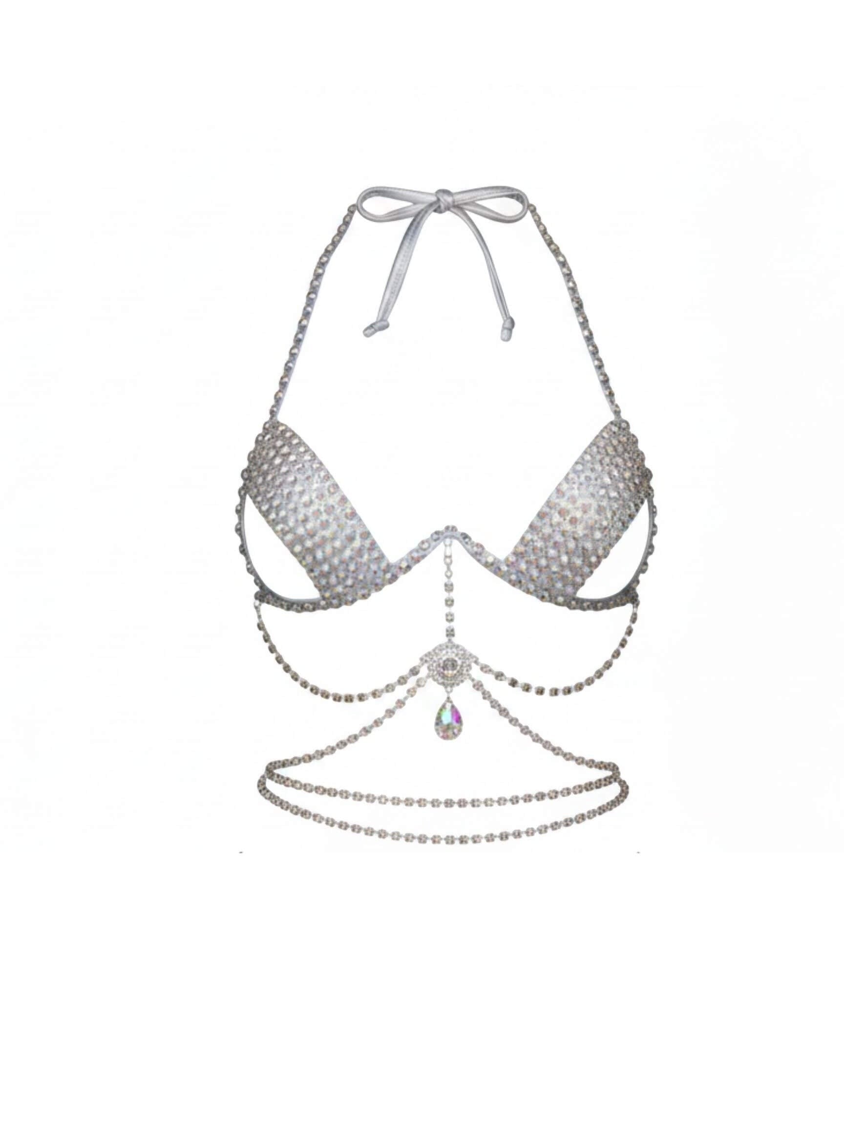 SlaySwimwear silver rhinestone crystal bikini top with halter neck and matching bottoms, perfect for festivals and photoshoots.