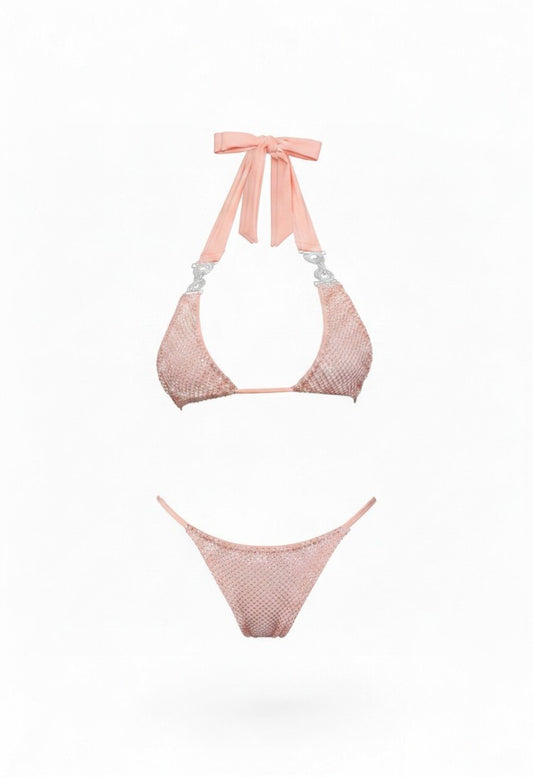 SlaySwimwear Bling Queen bikini set in rose gold with chain fringe detail on halter top and thong bottoms. Made of stretch swim fabric.