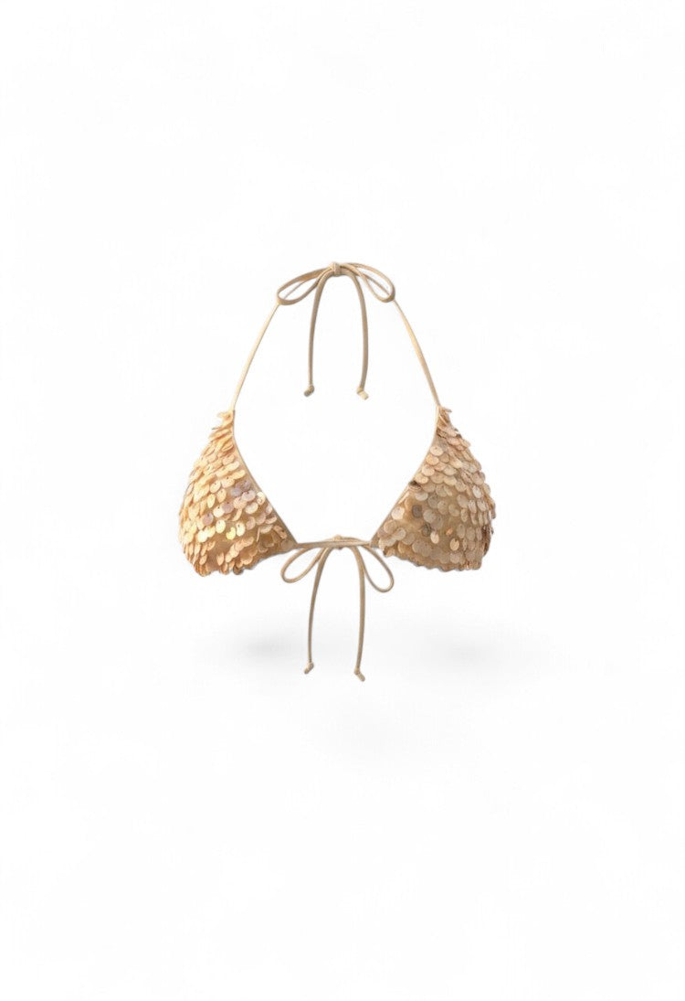 SlaySwimwear Shelly bikini set in champagne with shell embellishments and adjustable ties.
