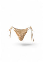 SlaySwimwear Shelly bikini set with shell embellishments in champagne. Triangle top and tie-side bottoms.