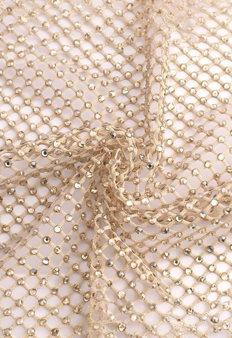 SlaySwimwear Shine Bright Durag in beige mesh with all-over crystal embellishments and a diamond net pattern.