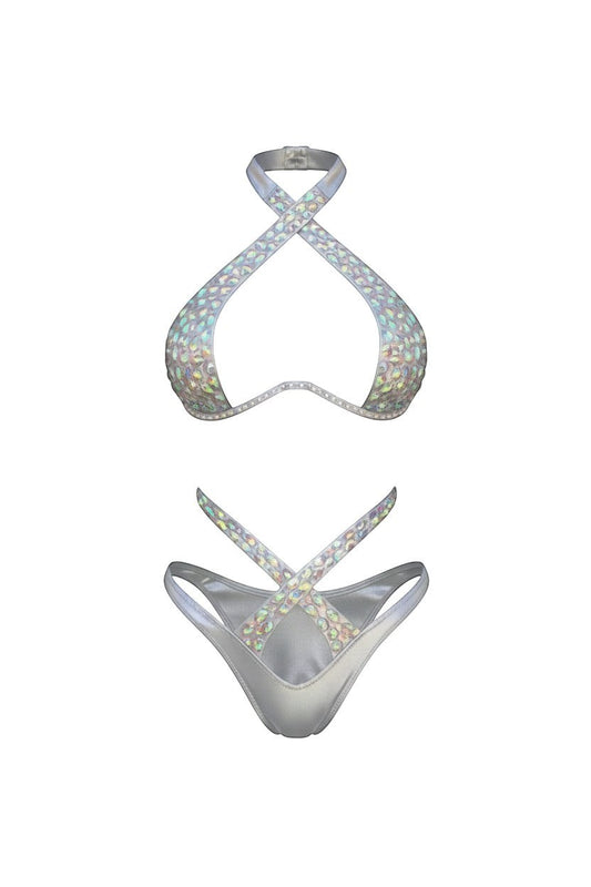 SlaySwimwear silver rhinestone bikini with plunging halter top and high-cut cheeky bottoms.