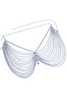 SlaySwimwear silver rhinestone body chain and skirt with adjustable clasps, versatile as a chest piece.