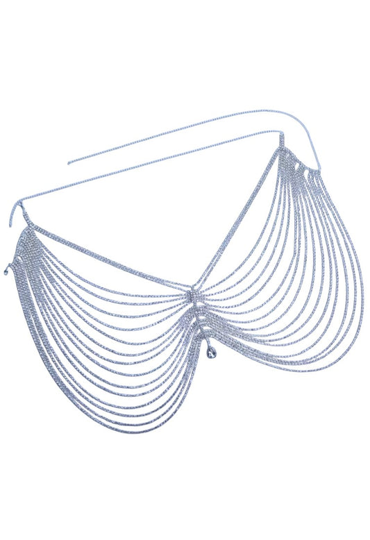 SlaySwimwear silver rhinestone body chain and skirt with adjustable clasps, versatile as a chest piece.