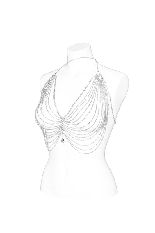 SlaySwimwear silver rhinestone body chain and skirt with crystal teardrop accents. Versatile piece doubles as a chest piece.