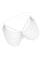 SlaySwimwear silver rhinestone body chain skirt with draped chains and a single teardrop gem accent.