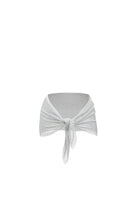 SlaySwimwear silver rhinestone tie-waist mini skirt with a mint green swimsuit underneath, styled by a model poolside.