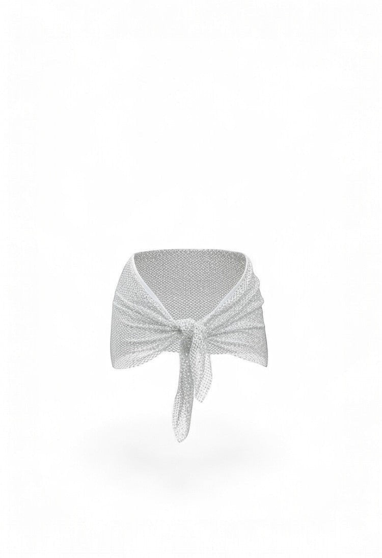 SlaySwimwear silver rhinestone tie-waist mini skirt or scarf top with adjustable fit.