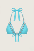 SlaySwimwear Ocean Vibes bikini set in turquoise blue with rhinestone embellishments and halter neck tie.