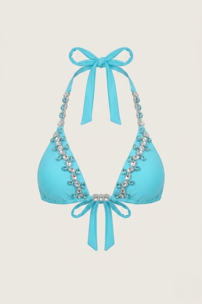 SlaySwimwear Ocean Vibes bikini set in turquoise blue with rhinestone embellishments and halter neck tie.