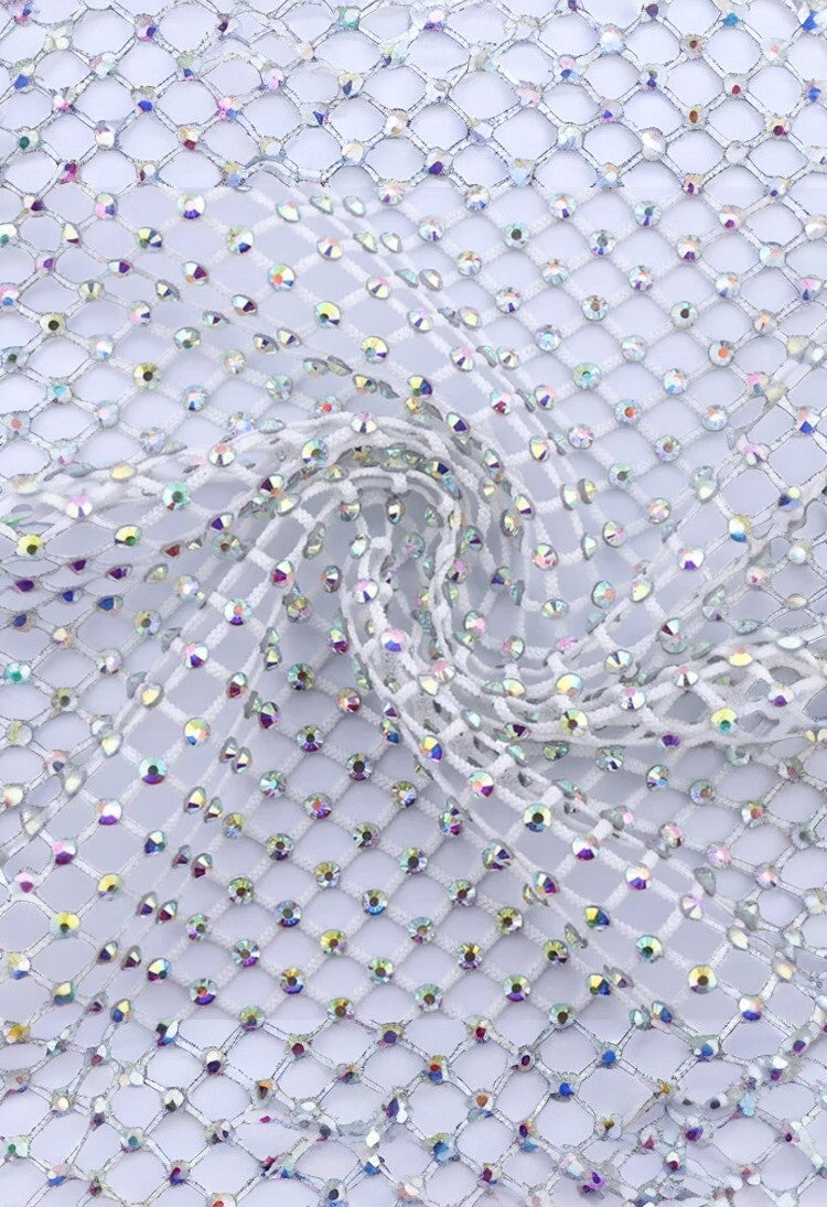 SlaySwimwear white fishnet durag encrusted with iridescent crystals, offering a glamorous and dazzling look.