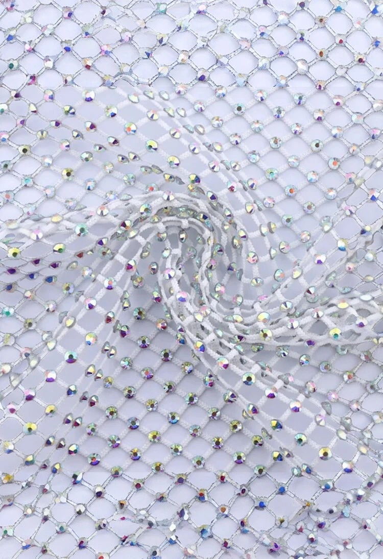 SlaySwimwear white fishnet durag adorned with iridescent crystals, offering a glamorous and dazzling look.
