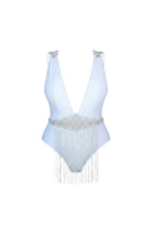 SlaySwimwear white one-piece swimsuit with plunging neckline, rhinestone embellishments on shoulders and a beaded fringe belt.