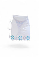 Slaty white sheer mesh mini skirt with rhinestone motifs on the hem and side cutouts. SlaySwimwear.