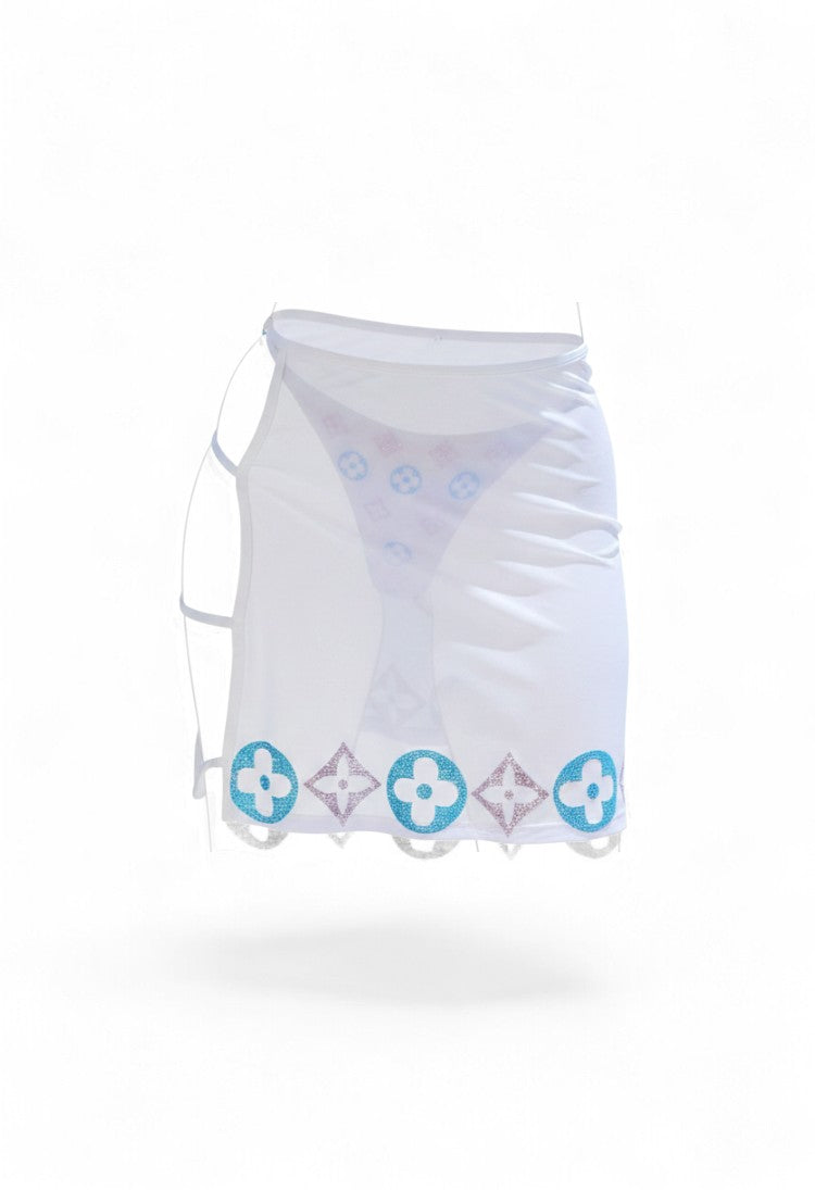 Slaty white sheer mesh mini skirt with rhinestone motifs on the hem and side cutouts. SlaySwimwear.