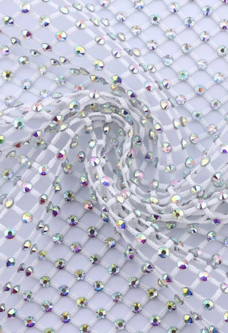 SlaySwimwear white mesh wrap skirt with iridescent rhinestones, adjustable fit, perfect for beach or pool.