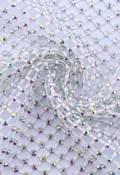 SlaySwimwear white mesh wrap skirt with iridescent rhinestones, adjustable fit, perfect for beach or pool.