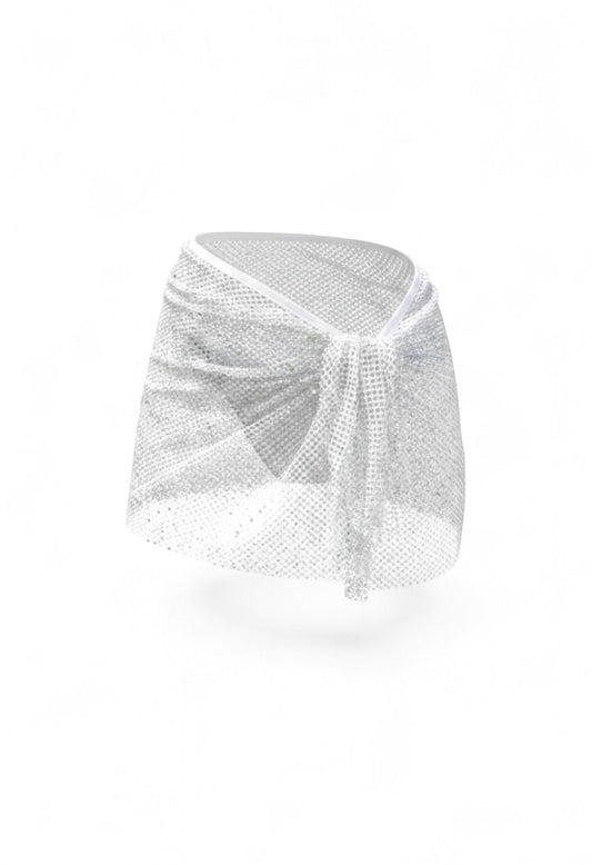 SlaySwimwear white rhinestone mini skirt with clasp closure and draped front detail. Perfect for parties and nights out.