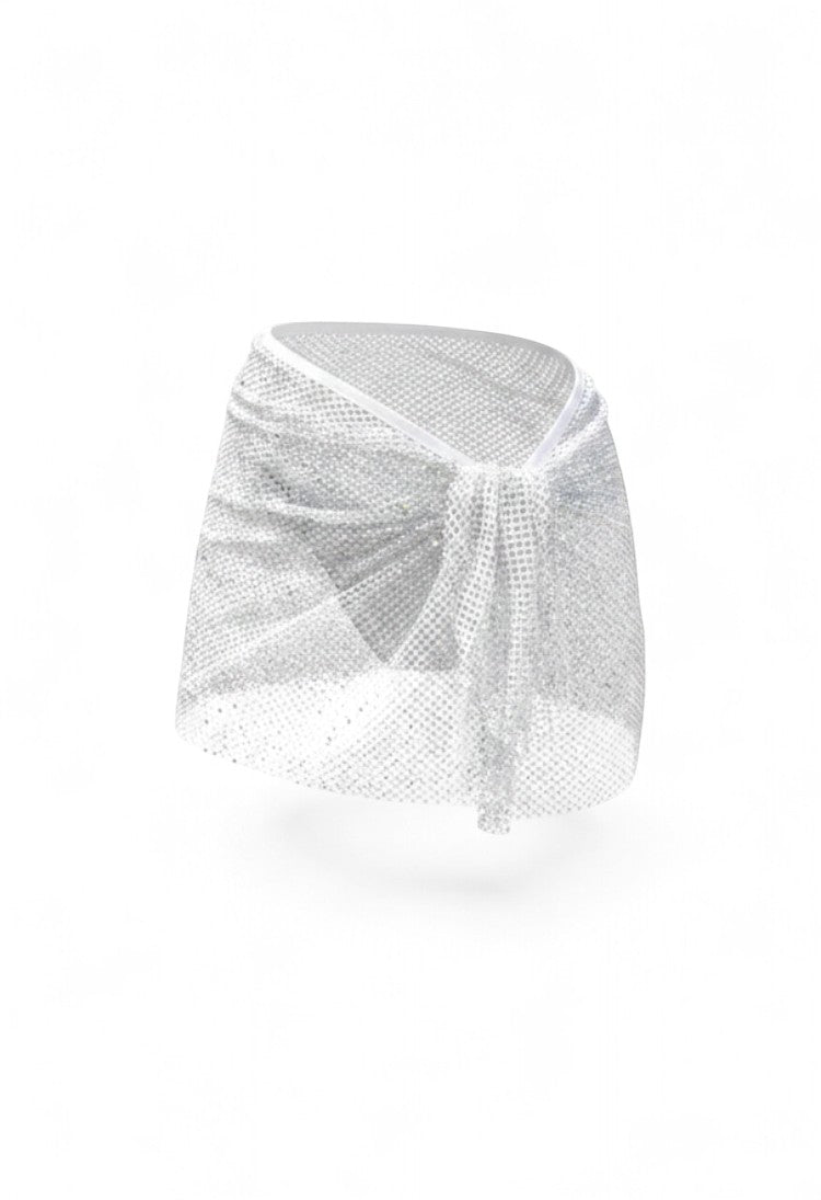 SlaySwimwear white rhinestone mini skirt with clasp closure and draped front detail. Perfect for parties and nights out.