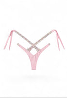 SlaySwimwearHere pink bikini with rhinestone criss-cross halter and V-front. High-cut legs, cheeky back.