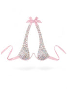 SlaySwimwearHere pink bikini top with all-over iridescent rhinestones and a pink bow detail on the halter strap.