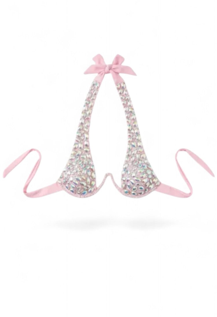 SlaySwimwearHere pink bikini top with all-over iridescent rhinestones and a pink bow detail on the halter strap.